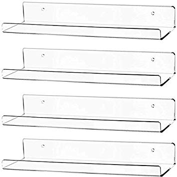 Cq acrylic 15" Invisible Acrylic Floating Wall Ledge Shelf, Wall Mounted Nursery Kids Bookshelf, Invisible Spice Rack, Clear 5MM Thick Bathroom Storage Shelves Display Organizer, 15" L,Set of 4