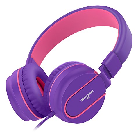 Headphones，Besom i36 Kids Nylon braided cord Stereo Lightweight Foldable Headphones Adjustable Headband Headsets with Microphone 3.5mm for iPhone/Andrews Couples headphones (Purple Pink)