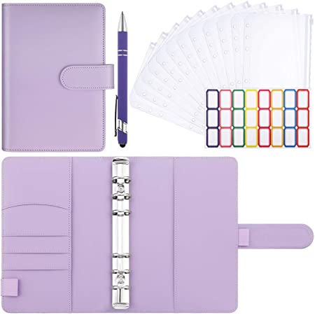 15 Pieces Plastic Binder Envelopes with PU Leather Notebook Binder A6 Loose Leaf 6 Ring and Colorful Label Sticker and Metal Ballpoint Pen for Documents and Cards (Purple)