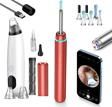 Ear Wax Removal Tool Safely Cleaning Ear Canal at Home,Ear Cleaner with HD Camera and 6 LED Lights, Ear Camera and Wax Remover for iOS, Android Smart Phones M9, Red