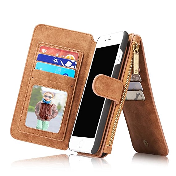 Harrms Leather wallets phone case iPhone 6/iPhone 6S/iPhone 6 Plus/iPhone 6S Plus/iPhone 7/iPhone 7 Plus,12 Card Slot Series [Zipper Cash Storage] Premium Flip Wallet Case Cover With Detachable Magnetic Hard Case