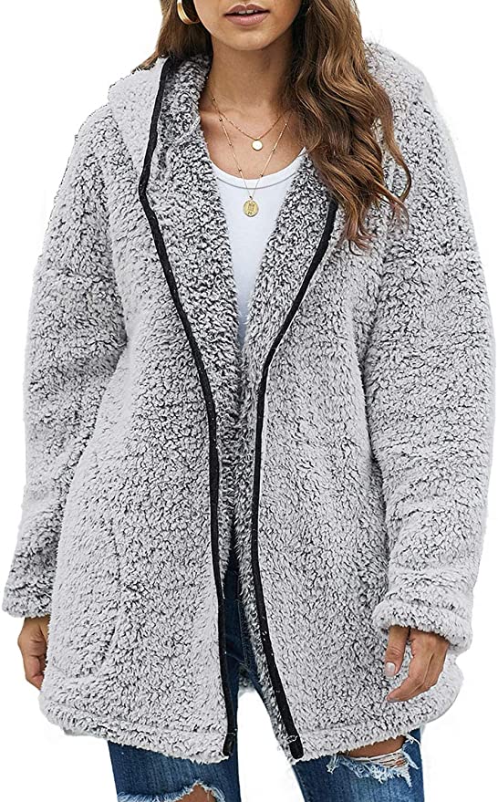 Dokotoo Womens Long Sleeve Solid Fuzzy Fleece Open Front Hooded Cardigans Jacket Coats Outwear with Pocket