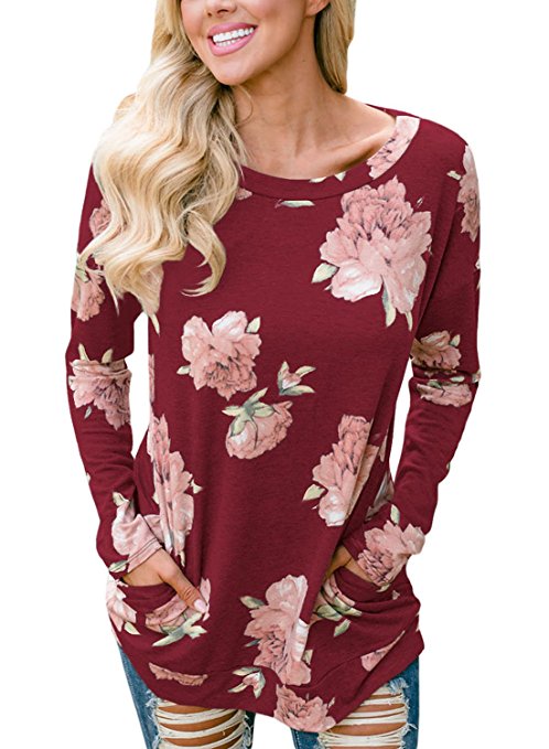 Dokotoo Womens Crewneck Long Sleeve Floral Print Sweatshirt Tops