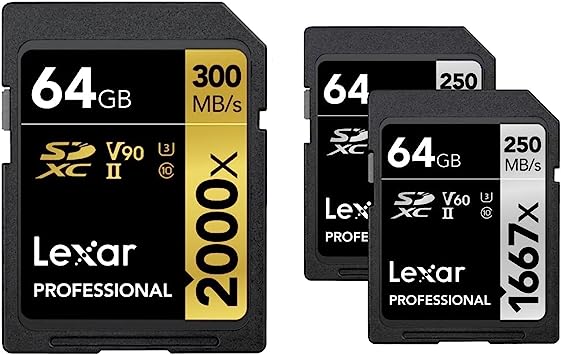 Lexar Professional 2000x 64GB SDXC UHS-II Memory Card, C10 & Professional 1667x 64GB (2-Pack) SDXC UHS-II Memory Cards, C10, U3, V60, Full-HD & 4K Video, Up to 250MB/s Read