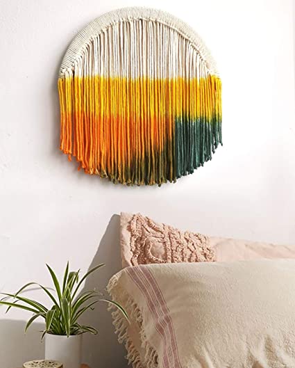 FLBER Macrame Wall Hanging Dip Dyed Circle Hoop Yarn Tapestry Gypsy Home Décor,13.7" Diameter