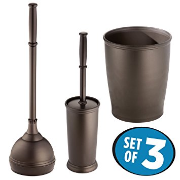 mDesign Toilet Bowl Brush, Plunger, Round Wastebasket Trash Can - Set of 3, Bronze