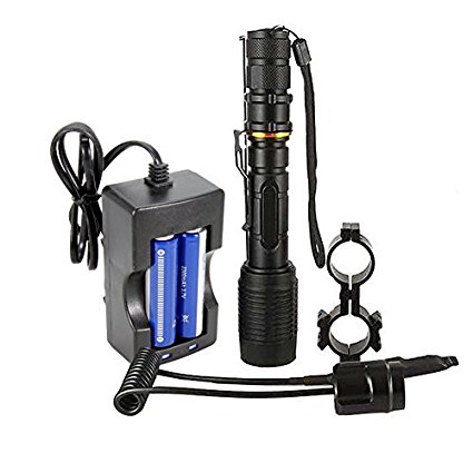 MakeTheOne Tactical Flashlight 2000lumens CREE Led XML T6 Torch Hunting Air Rifle Gun Scope Mount Kit with Advanced 2X 18650 3.7V 2200mAh battery  AC Charger   Pressure Switch