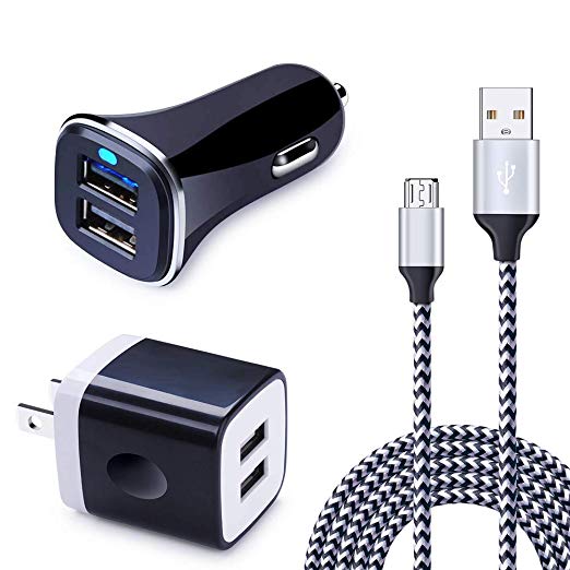 Micro USB Cable,HUHUTA 3 in 1 Charger Kit,Car Adapter,Wall Charger Plug with Fast Android Phone Charger Cord Compatible Kindle Fire 7 HD 8 10 Tablet,Samsung Galaxy S7 Edge J7 J3,LG stylo 2/3 K20 K30