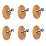 Oak Leaf Bamboo Base and Stainless Steel Self Adhesive Stick Wall Hooks Hangers 6-hook
