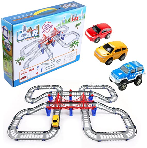 WGS Adventurous Battery Operated Car and 122 Piece Flexible Toy Race Car Track Play Set