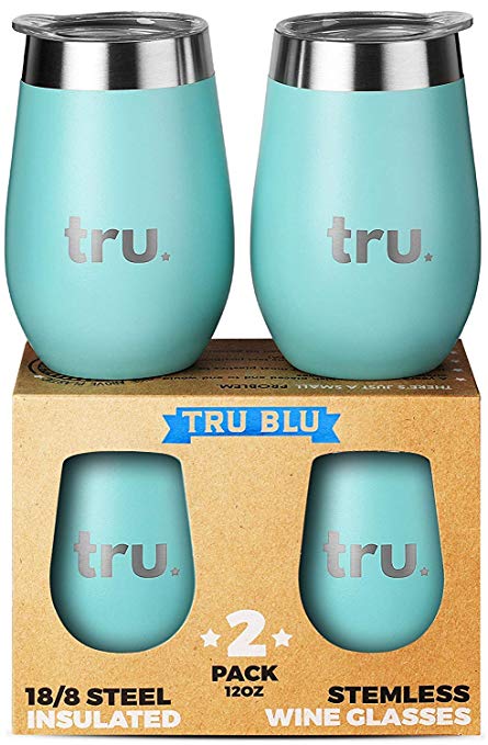 Outdoor Vacuum Insulated Wine Tumblers with Lids (Set of 2), Stainless Steel Glasses 12oz - Double Wall Stemless Metal Cup - Travel, Camping, Lightweight, Unbreakable, Portable, BPA Free