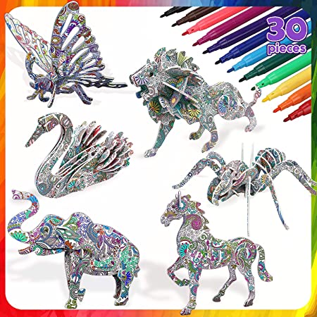 TOY Life 3D Coloring Puzzle Set - 6 Animals Puzzle with 24 Pen Markers Art and Craft Coloring Painting 3D Puzzles for Kids Ages 7 8 9 10 11 12 DIY Art Craft Toys Gift for Girls and Boy