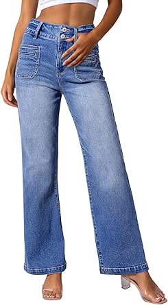 Sidefeel Womens Jeans High Waist Trendy 2024 Stretchy Flared Wide Leg Pockets Front Bootcut Casual Denim Pants