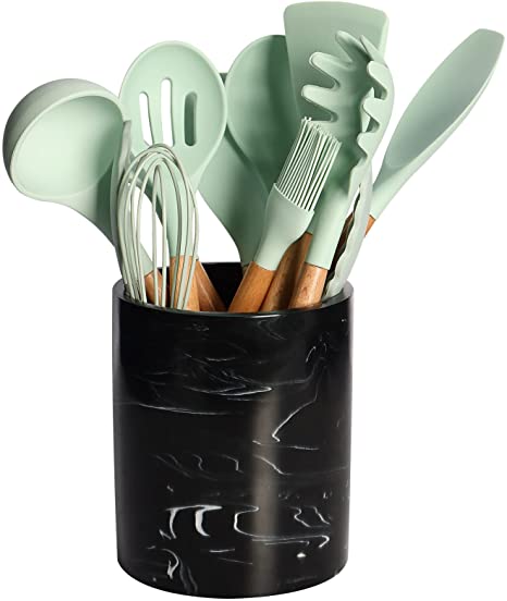 Extra-Large Kitchen Utensil Holder Cooking Utensil Crock, Resin Steady Utensil Caddy Spoon Station Flatware Chopstick Canister Organizer Utensil Holder for Kitchen Counter Home and Office-Black