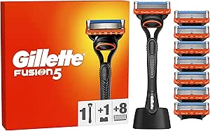 Gillette Fusion 5 Recambios para Hombres, 1 Máquinilla de Afeitar hombre de Mango Libre, 8 Cuchillas de Afeitar de 5 Hojas, Afeitado Cómodo, Mango Ergonómico con Recortador de Precisión