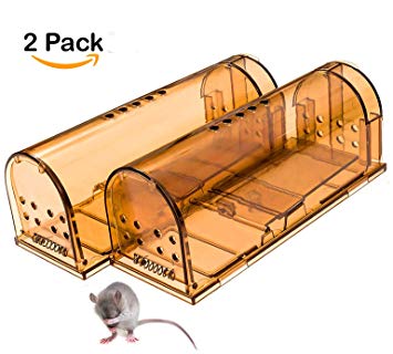 Catcha 2 Piece Humane Smart Mouse Trap Live Catch and Release Rodents, Safe Around Children and Pets (Brown Upgraded)