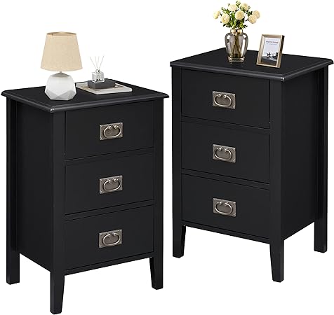 VECELO Nightstands Set of 2, Side End Table with 3 Drawers for Bedroom, Living Room Sofa Bedside, Vintage Accent Furniture Small Space Storage Cabinet, Solid Wood Legs