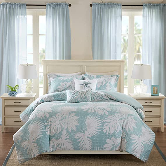 Harbor House Palm Grove Duvet Cover Full/Queen Size - Aqua, Tropical Palm Tree Leaf Floral Duvet Cover Set – 5 Piece – Cotton Sateen Light Weight Bed Comforter Covers