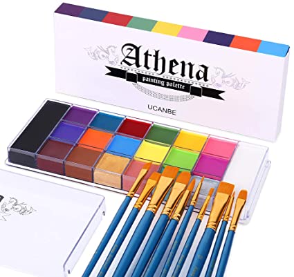 UCANBE Face Body Paint Set - Athena Painting Palette, 10 Professional Artist Brushes - Large Deep Pan,Ideal for Halloween Cosplay Party SFX Arty Stage Makeup, Non-Toxic Facepaints for Adults and Kids