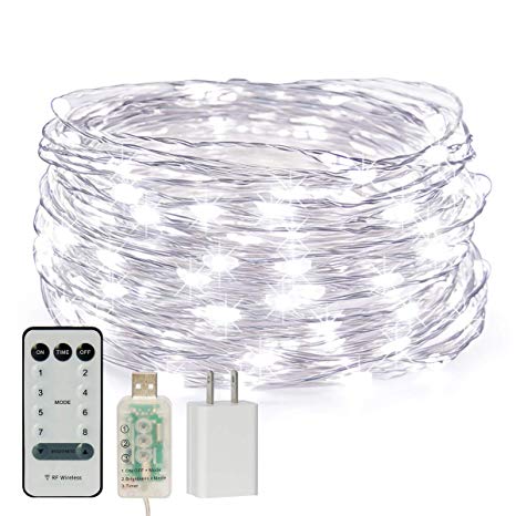 CREATIVE DESIGN Fairy Lights, 100 LED 33ft String Light USB Plug in Twinkle Lights with Adapter RF Remote Timer, 8 Modes Dimmable Decorative Lights for Party, Holiday, Christmas