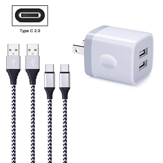 FiveBox 2Pack 6FT USB Type C Charger Cable Cord Compatible LG Stylo 4, LG G6 G7 V35 V30S ThinQ, Google Pixel XL, Samsung Galaxy S9 S8 Note 9 8, with 2.1A USB Wall Charger Brick Box Charging Block Cube