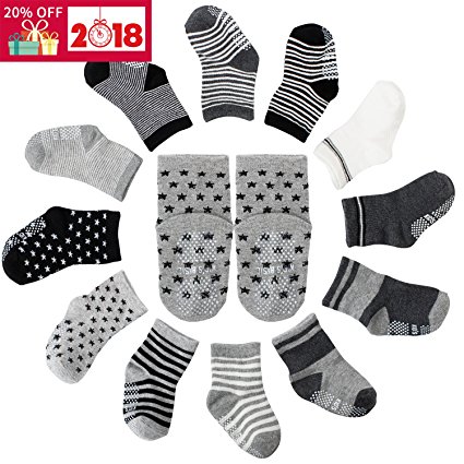 Future Founder 12 Pairs Assorted Non Skid Ankle Cotton Socks Baby Walker Boys Girls Toddler Anti Slip Stretch Knit Stripes Star Footsocks Sneakers Crew Socks With Grip For 15-36 Months Baby