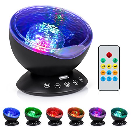 Boomile Remote Control Ocean Wave Projector for Baby, 12 LED &7 Colors Night Light with Built-in Mini Music Player for Living Room and Bedroom(Black)