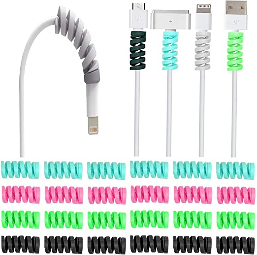 Pack of 24 Spiral Silicone Cable Protectors Charging Management Organizer Protective Spiral Tube Wire Cord Sleeve Line Saver Prevent Break For Headphones Earphones, Flexible Cable Wire Organizer Wire Winder For Holder Mouse for Chargers / Saver Compatible for iPhone, iPad, MacBook