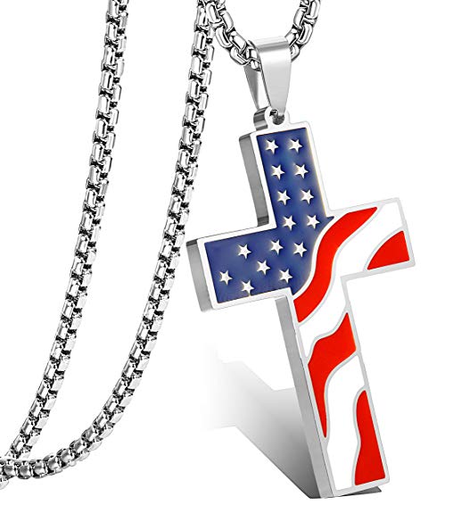 LOLIAS American Flag Patriotic Cross Pendant Necklace for Men Women Religious Necklaces Jewelry