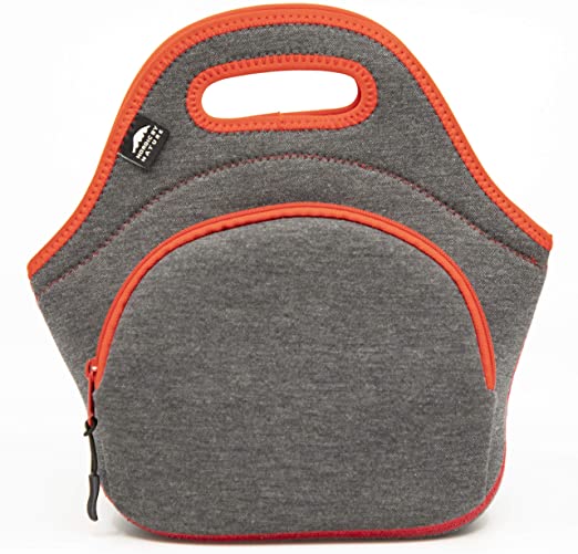Nordic By Nature Neoprene Lunch Bag for Women & Lunch tote for Kids Insulated Lunch bag Reusable Washable Extra Thick Neoprene & Soft Cotton Feel, Premium Stitching, Outside Pocket, (M) Dark Grey/Red