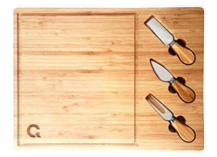 CasaQoqo Large Cheese Board Cutting Set with Knives and Tools. 100% Natural Bamboo. Good for Bread Cutting and Perfect for Gift. 15.5" x 12" x 0.75" Large Size