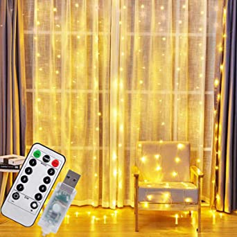FANSIR 450 LED Curtain Lights, USB Window Lights 3mx3m 8 Modes Remote Control Timer Waterproof Upgrated LED Copper String Lights for Christmas Party Wedding Garden Decoration(Warm White)