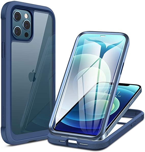 Miracase Glass Case Compatible with iPhone 12/12 Pro, Full Body 9H Tempered Glass Screen Protector (Dark Blue)