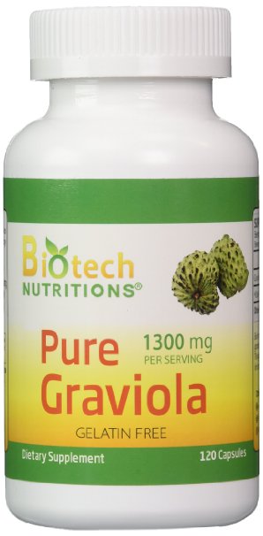 Biotech Nutritions 100 Pure Graviola 1300mg Per Servings 120 Capsules Per Bottle Annona muricata