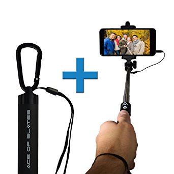 Selfie Stick and Carabiner (2017 NEW VERSION) by Ace of Slates for Apple iPhone 6s, 6, 6 Plus, 5, 5s, 5c Wired Headphone Jack (NO BLUETOOTH HASSLE)