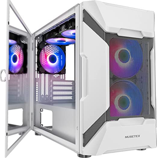 MUSETEX MATX (Micro-ATX) Gaming PC Case Pre-Installed 5PCS ARGB Fans, Magnetic Design Opening Tempered Glass Panel Mid Tower Case, 2 x USB 3.0 White Computer Case (MK7-WN5)