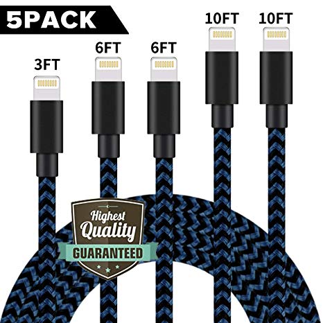 HEIRBLS Phone Charger 5Pack 3FT 6FT 6FT 10FT 10FT Nylon Braided Phone Cable to USB Charger Compatible with Phone X/8/8 Plus/7/7 Plus/and More-Black Blue