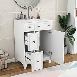 Harper & Bright Designs 24" Bathroom Vanity with Sink, Free Standing Single Basin Vanity Set with Two Drawers and One Door, Modern Wooden Bathroom Cabinet with Ceramic Basin for Bathroom, White