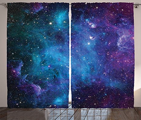 Space Decor Window Curtains by Ambesonne, Galaxy Stars in Celestial Astronomic Nebula Planets in Universe Milky Way Print, 2 Panels Drapes for Living Room Bedroom Set, 108 W X 84 L Inches, Navy Purple