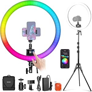 NEEWER SRP18C RGB LED Ring Light Kit, Ultra Slim App Control with Reversible Light Stand, Phone Holder, Ball Head, 2500K-10000K, CRI 95 /TLCI 97, 3700lux/0.5m, 18 Scenes for TikTok/Makeup/Gaming