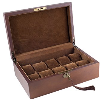 Caddy Bay Collection Vintage Wood Watch Display Storage Case Chest With Solid Top Holds 10 Watches With Adjustable Soft Pillows and High Clearance for Larger Watches