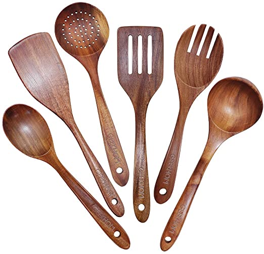 Wooden Utensil Sets, GEEKHOM 6Pcs Wooden Cooking Utensils Heat Resistant Kitchen Utensil Sets, Wood Spatula Turner Spoons for Non Stick Cookware, Non Scratch