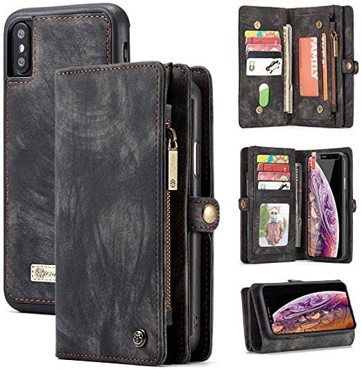 iPhone XR Wallet Case,Zttopo 2 in 1 Leather Zipper Detachable Magnetic 11 Card Slots Card Slots Money Pocket Clutch Cover with Free Screen Protector for 6.1 Inch iPhone Cases -Black Grey