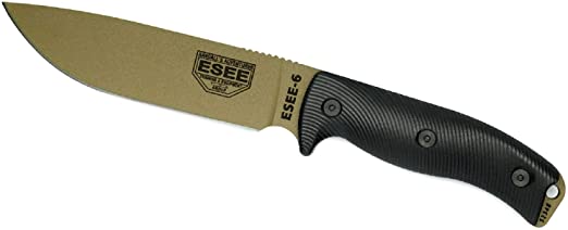 ESEE-6 Fixed Blade Knife, 3D Contoured Handle, 1095 Carbon Steel, Ambidextrous Polymer Sheath, Made in USA