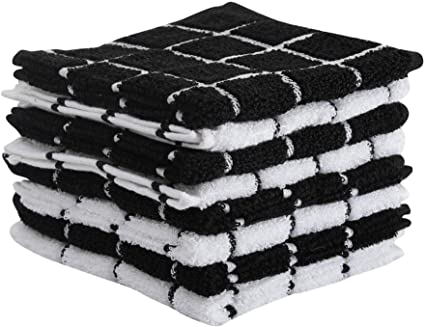 The Weaver's Blend Set of 8 Terry Dish Cloths, Check Design, 100% Cotton, Absorbent, Size 12”x12”, Black Check,Kitchen Towels and Dish Cloths