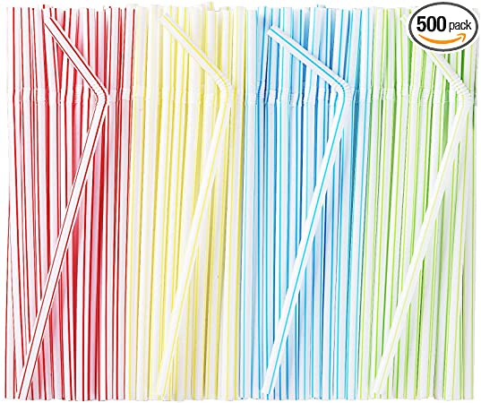 500 Pcs Flexible Straws,Disposable Plastic Stripes Multiple Colors Straws.(0.23'' diameter and 7.8" long)