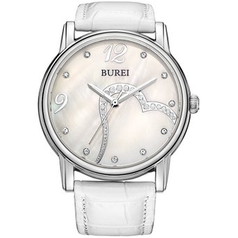 BUREI® Women's White Mother-Of-Pearl Dress Watch with White Leather Band