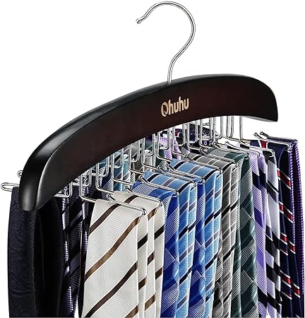 Tie Hanger Rack, Ohuhu Walnut Wooden Tie Organizer, 24 Tie Hanger, Twirl Storage Hanging Organizer for Men's Ties and Belts, Women's Scarves, Clothing and Accessories