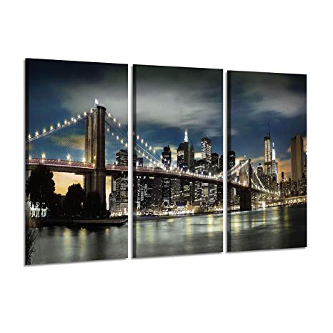 Cityscape Artwork Landscape Reflection Paintings : NYC Brooklyn Bridge and Skyscrapers at Night Graphic Art Prints on Wrapped Canvas Set (34" x 20" x 3 Panels) for Office