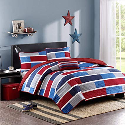 Mi-Zone Bradley Twin/Twin XL Size Teen Boys Quilt Bedding Set - Navy, Burgundy, Color Block – 3 Piece Boys Bedding Quilt Coverlets – Ultra Soft Microfiber Bed Quilts Quilted Coverlet
